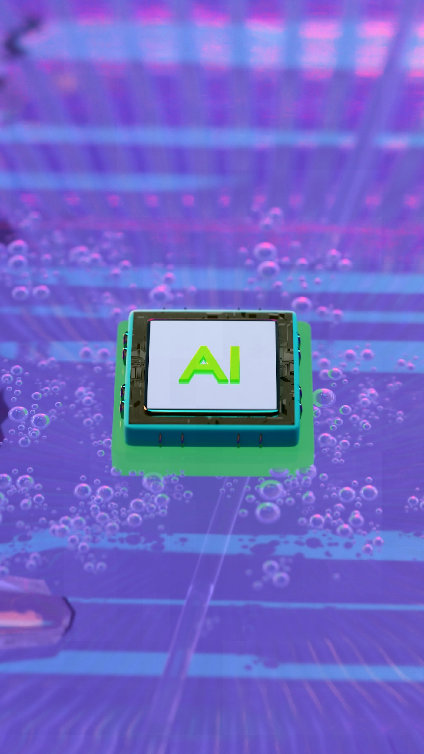 Conceptual AI microchip illustration on a connected circuit surface